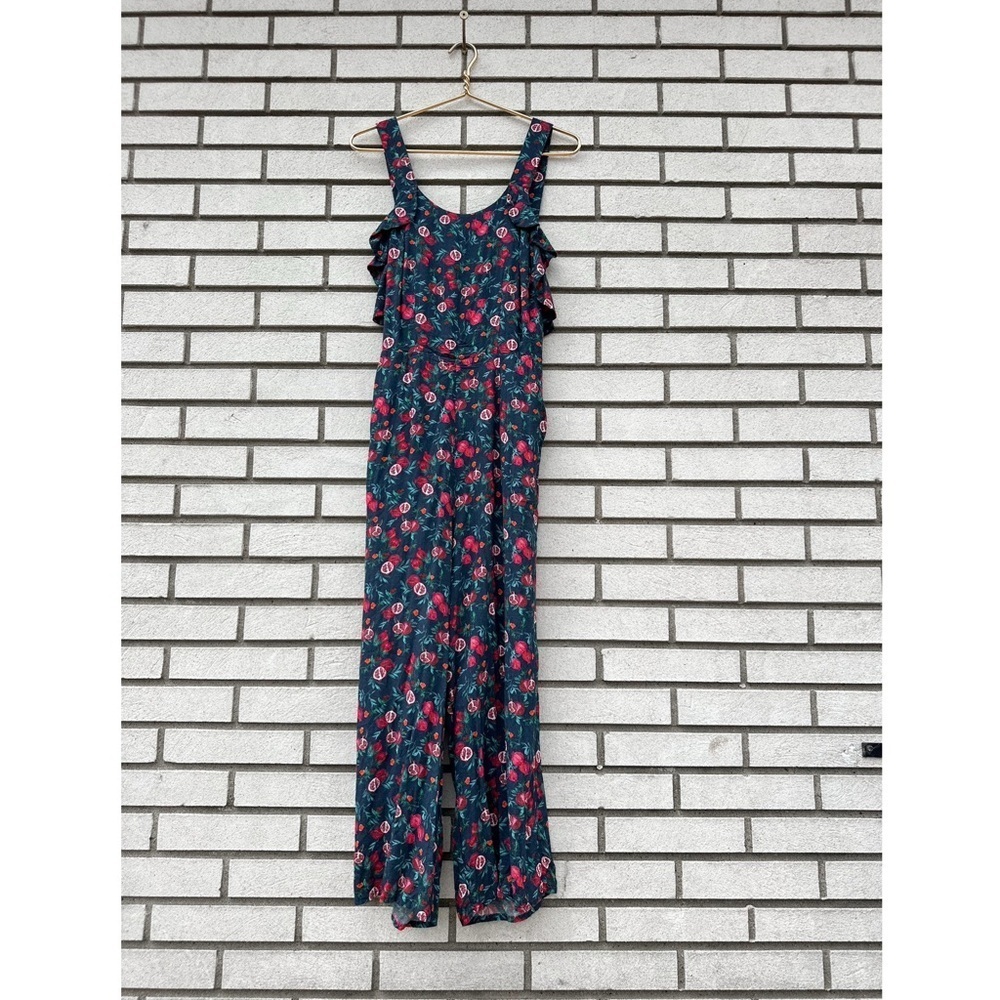Fresha London Pomegranate Print Jumpsuit Ruffle Sleeves Wide Leg Size M